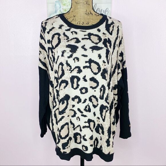 Joseph A. Leopard Animal Print Stud Fitted Sleeve Sweater Beige Black Large - Picture 1 of 11